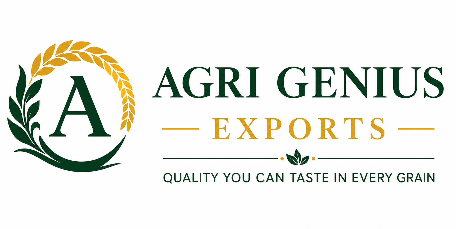 Agri Genius Exports official logo featuring green and gold agricultural branding representing premium agricultural exports from India.