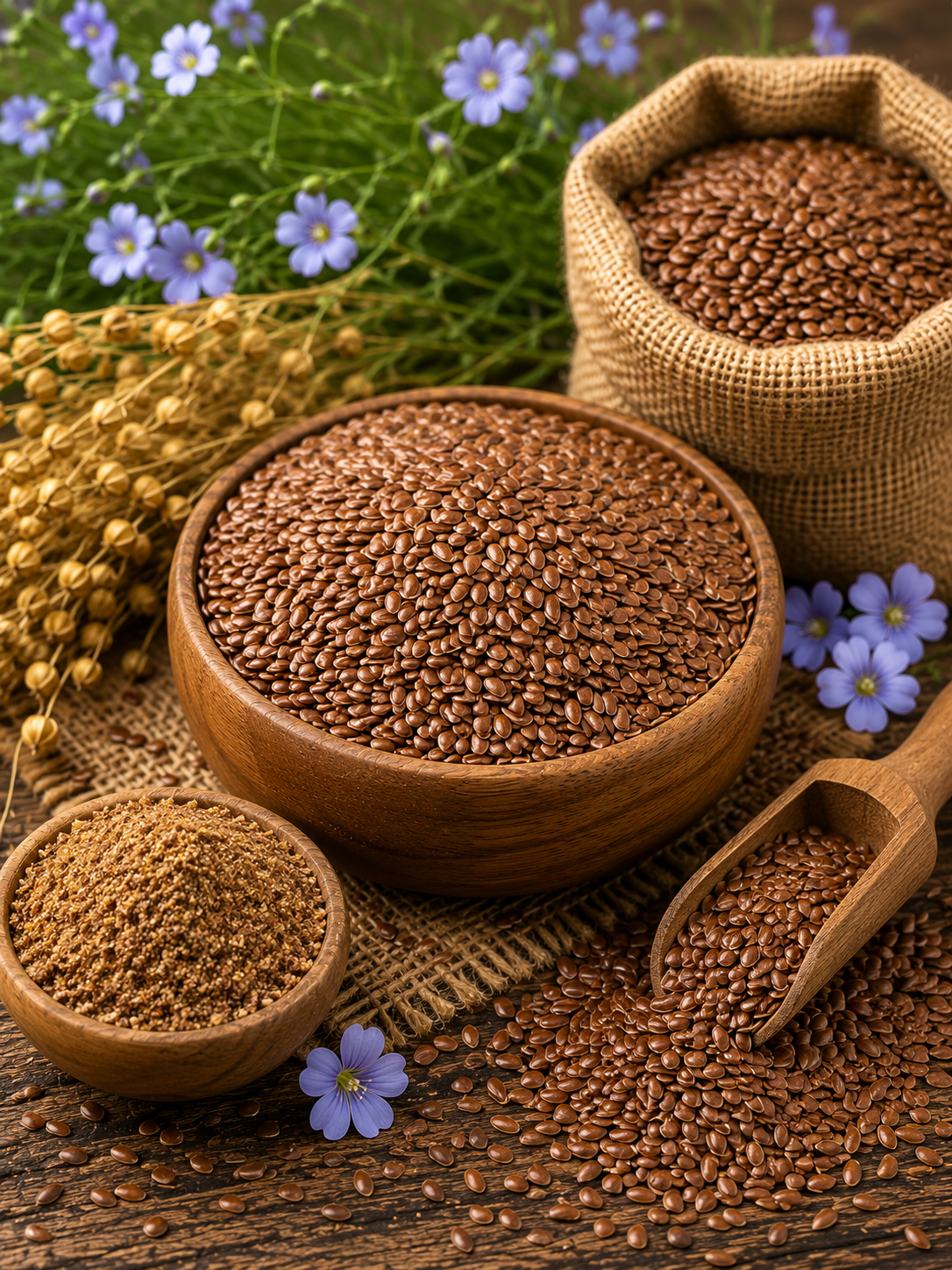 Premium brown linseeds displayed in wooden bowls and burlap sacks with natural agricultural background for global export.