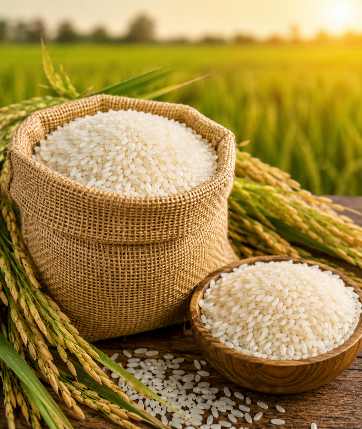 Premium quality white rice in burlap sack with paddy field background for global export by Ragini Commodities.