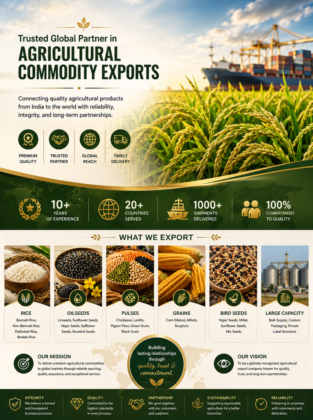 Global agricultural commodity exporter showcasing rice, oilseeds, pulses, grains, and international export operations.