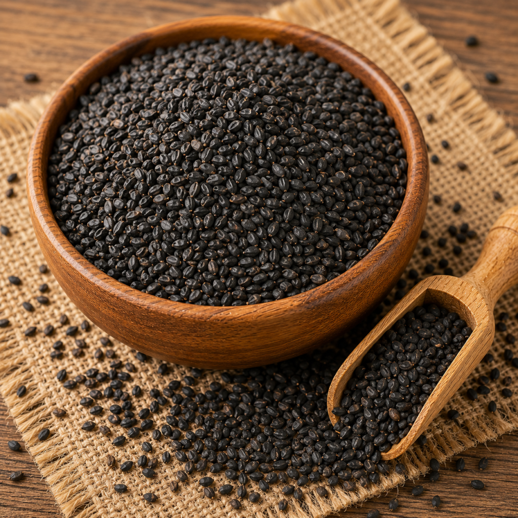 Premium Niger seeds displayed in a wooden bowl showcasing export-quality oilseeds from India.