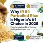 Create a professional WordPress blog featured image, 1200×628 pixels, for a rice export company. Premium corporate marketing banner. On the left, show high-quality golden IR 64 parboiled rice grains pouring from a burlap sack, with detailed texture and export-grade quality. In the center, large bold headline: “Why IR 64 Parboiled Rice is Nigeria’s #1 Choice in 2026”. Below the headline, smaller subtitle: “Premium Indian Rice Trusted by Nigerian Importers”. On the right, show an appetizing Nigerian Jollof Rice dish in a traditional bowl, vibrant colors, steam rising. Add a subtle outline map of Nigeria in the background with green accents. Include shipping containers, cargo ship, and India-to-Nigeria trade route graphics for export context. Add modern icon badges: “91.6 Million KG Exported”, “Perfect for Jollof Rice”, “Long Shelf Life”, “Competitive CIF Apapa Pricing”. Color palette: gold, green, white, and navy blue. Clean modern layout, premium agricultural export branding, professional food photography, high-end commercial advertising style, sharp typography, SEO-friendly blog banner, realistic, ultra-detailed, corporate design, suitable for WordPress featured image and social media sharing. Include company branding text in bottom-right corner: “Agri Genius Exports”.