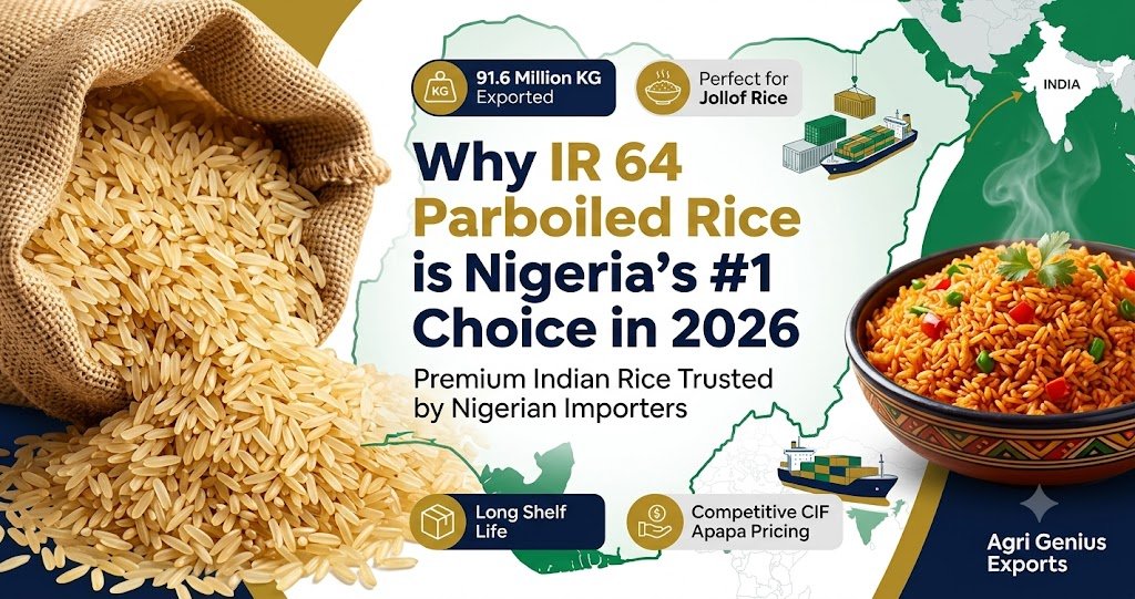 Create a professional WordPress blog featured image, 1200×628 pixels, for a rice export company. Premium corporate marketing banner. On the left, show high-quality golden IR 64 parboiled rice grains pouring from a burlap sack, with detailed texture and export-grade quality. In the center, large bold headline: “Why IR 64 Parboiled Rice is Nigeria’s #1 Choice in 2026”. Below the headline, smaller subtitle: “Premium Indian Rice Trusted by Nigerian Importers”. On the right, show an appetizing Nigerian Jollof Rice dish in a traditional bowl, vibrant colors, steam rising. Add a subtle outline map of Nigeria in the background with green accents. Include shipping containers, cargo ship, and India-to-Nigeria trade route graphics for export context. Add modern icon badges: “91.6 Million KG Exported”, “Perfect for Jollof Rice”, “Long Shelf Life”, “Competitive CIF Apapa Pricing”. Color palette: gold, green, white, and navy blue. Clean modern layout, premium agricultural export branding, professional food photography, high-end commercial advertising style, sharp typography, SEO-friendly blog banner, realistic, ultra-detailed, corporate design, suitable for WordPress featured image and social media sharing. Include company branding text in bottom-right corner: “Agri Genius Exports”.