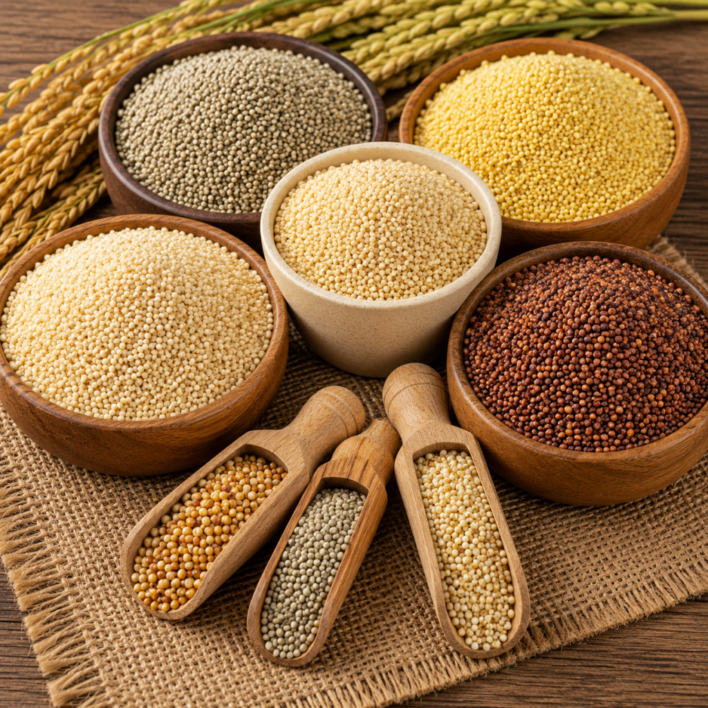 Premium millet grains displayed in bowls showcasing healthy grains for global export.