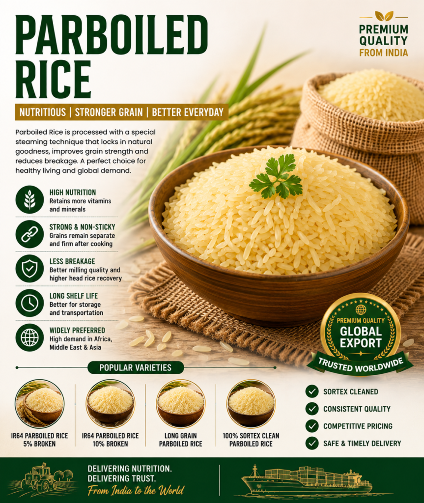 Premium Parboiled rice in a bowl showcasing export-quality rice processed through advanced steaming technology.