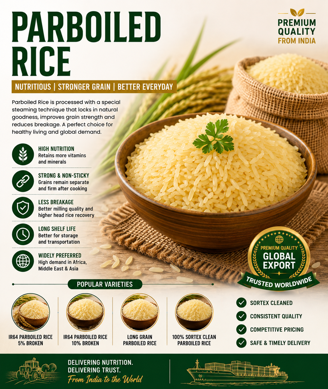 Premium Parboiled rice in a bowl showcasing export-quality rice processed through advanced steaming technology.