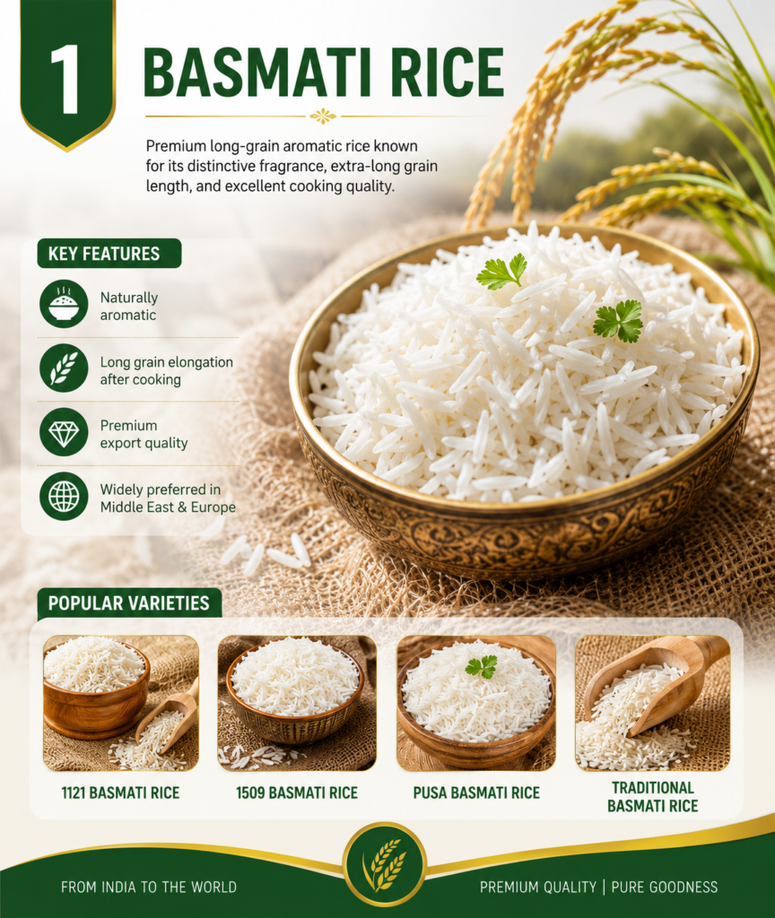 Premium Basmati rice in a bowl showcasing long grain aromatic rice for international export from India.