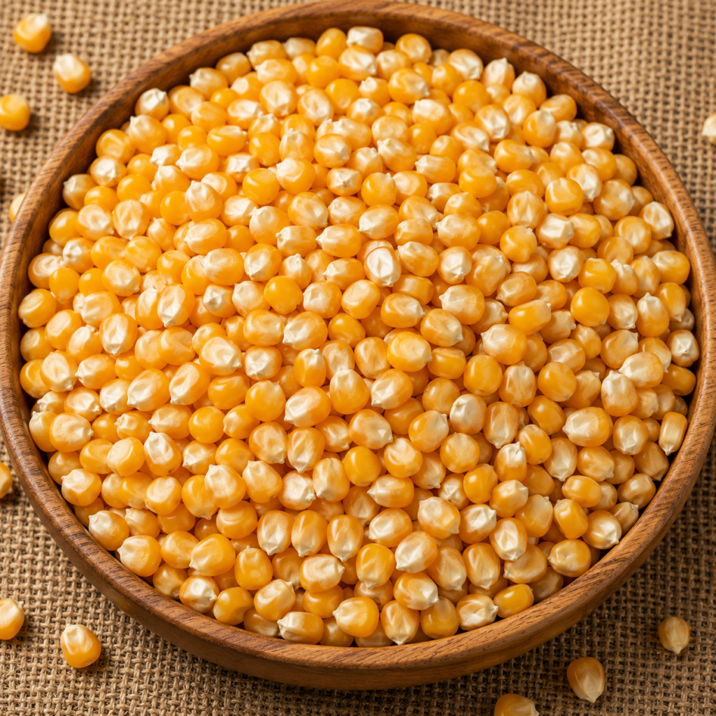 Premium yellow corn kernels in a wooden bowl prepared for international export from India.