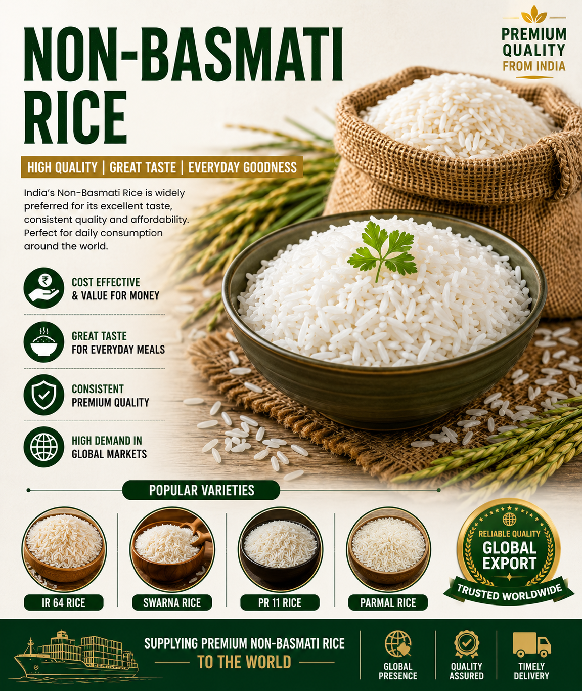 Premium Non-Basmati rice varieties including IR64 and Swarna rice prepared for global export.