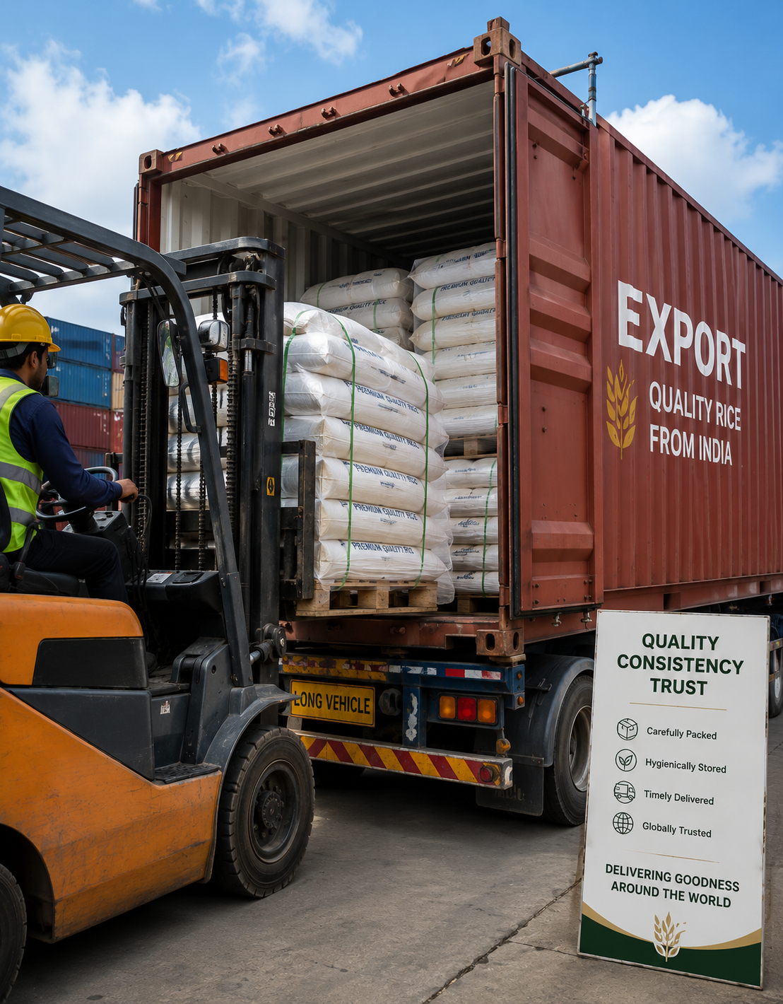 Rice bags being loaded into an export container using a forklift at a shipping yard for international rice export from India.
