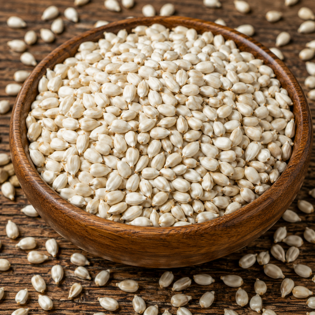Premium safflower seeds in a wooden bowl showcasing export-quality oilseeds from India.