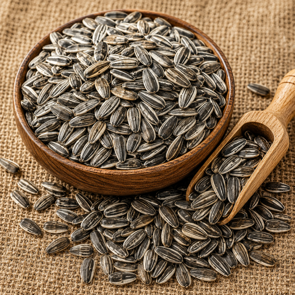 Premium sunflower seeds in a wooden bowl for international export and agricultural applications.