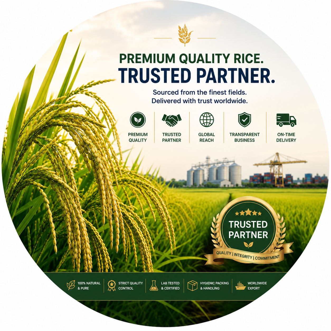 Premium rice crops in agricultural fields representing a trusted rice export partner supplying high-quality rice to global markets.
