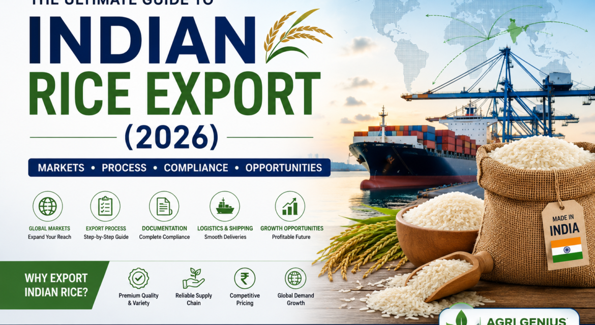 Ultimate Guide to Indian Rice Export 2026 featuring Indian rice, cargo ship, export logistics, global markets, documentation, and international trade opportunities.