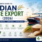 Ultimate Guide to Indian Rice Export 2026 featuring Indian rice, cargo ship, export logistics, global markets, documentation, and international trade opportunities.
